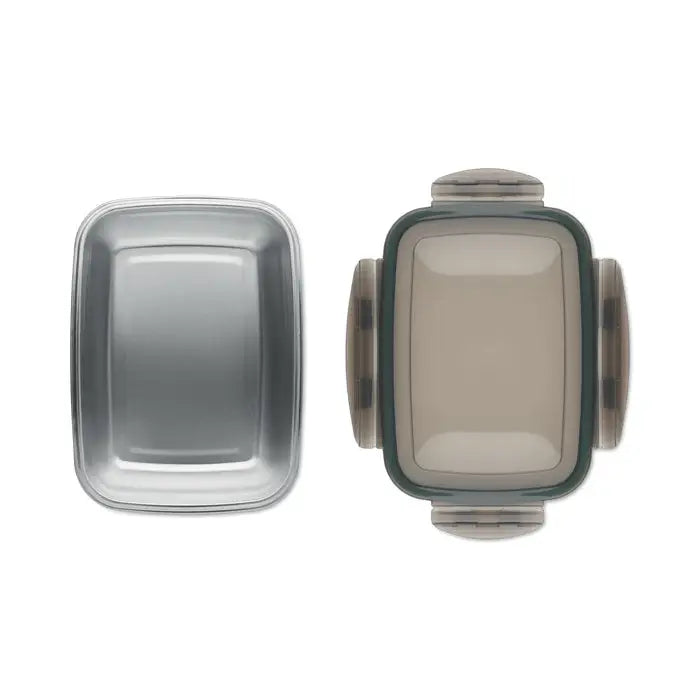 Cutie de pranz 850 ml recipient dreptunghiular din metal argintiu cu capac taupe translucid si garnituri verzi inchise
