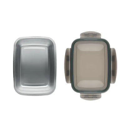 Cutie de pranz 850 ml recipient dreptunghiular din metal argintiu cu capac taupe translucid si garnituri verzi inchise