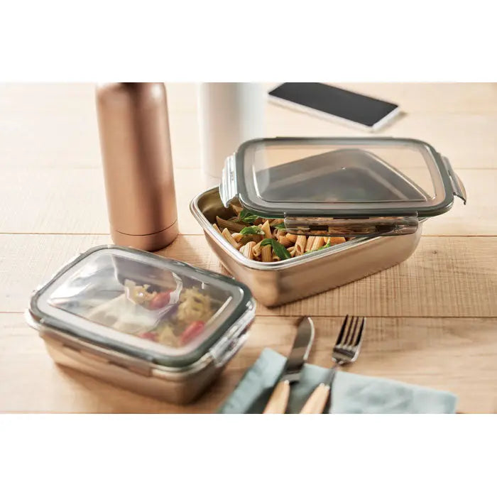 Cutie de pranz 850 ml set de recipiente dreptunghiulare din otel inoxidabil cu capace din sticla si garnituri gri din silicon