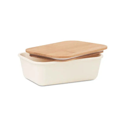 Cutie de pranz crem cu capac din bambus si design dreptunghiular pentru depozitare practica