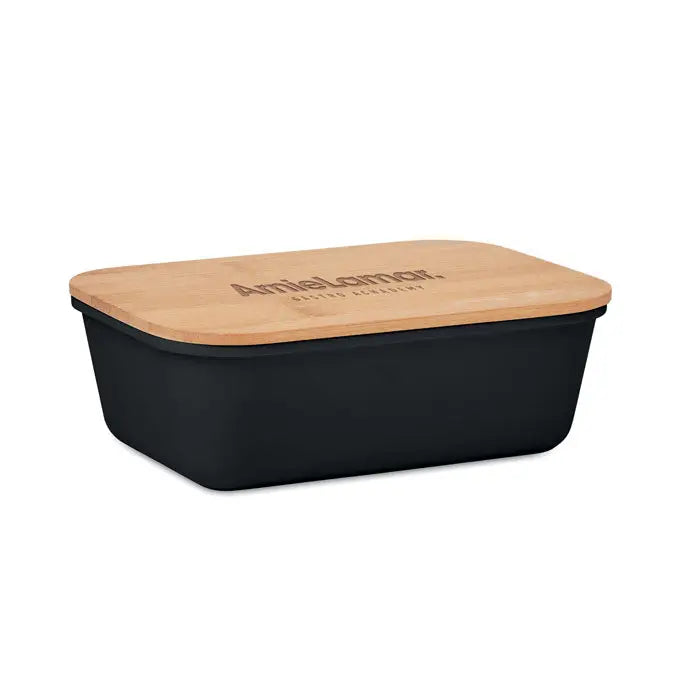 Cutie de pranz neagra cu capac din bambus deschis cu logo amielamar gravat pentru depozitare food
