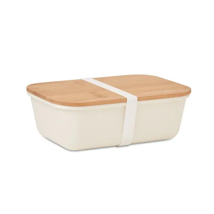 Cutie de pranz rectangulare crem cu capac din bambus natural si chinga alba pentru transport facil