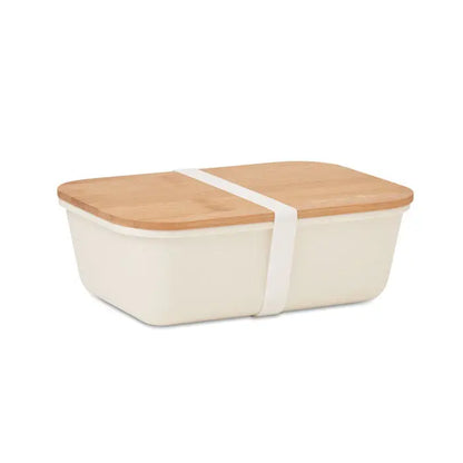 Cutie de pranz rectangulare crem cu capac din bambus natural si chinga alba pentru transport facil