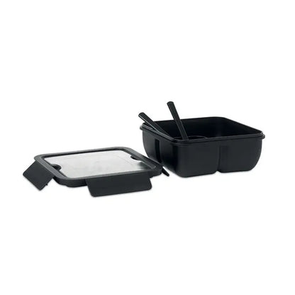 Cutie de pranz black plastic rectangular 600ml cu capac transparent si doua tacamuri negre inside