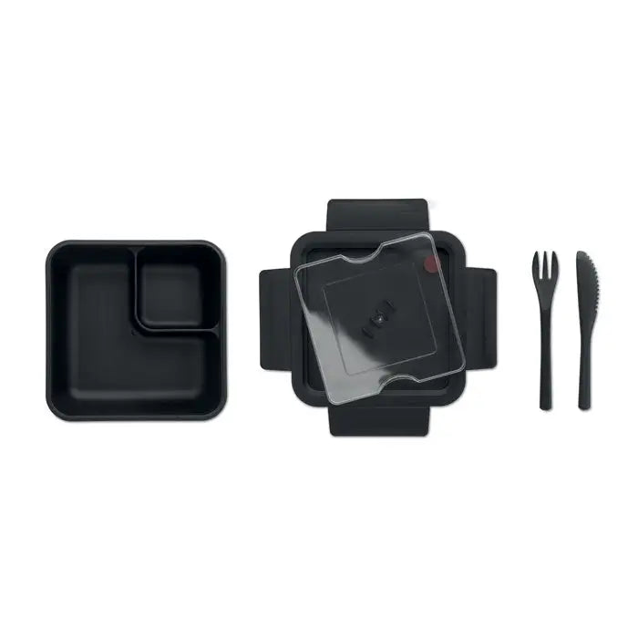 Cutie de pranz neagra din plastic cu capac transparent si tacamuri asortate set 600ml pentru masa