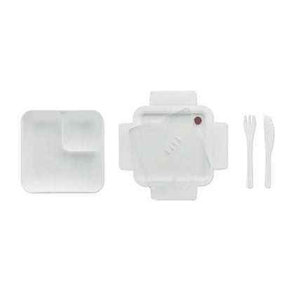 Cutie de pranz din plastic alb de 600ml cu capac compartimentat si set tacamuri asortate