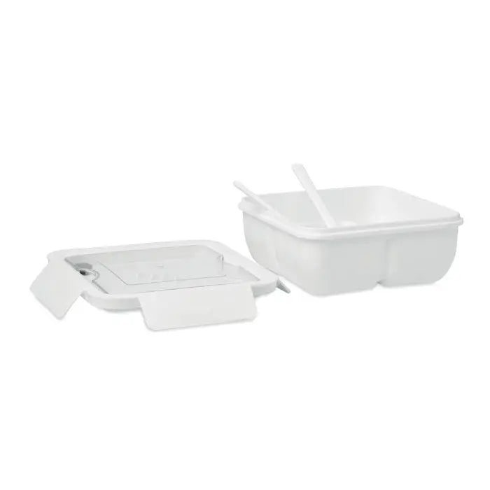 Cutie de pranz alba din plastic cu capac cu balamale si lingurita integrata 600ml pentru pranz