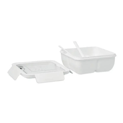 Cutie de pranz alba din plastic cu capac cu balamale si lingurita integrata 600ml pentru pranz