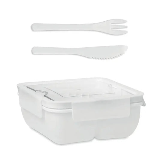 Cutie de pranz albă din plastic cu capac transparent și tacâmuri albe de unică folosință 600ml