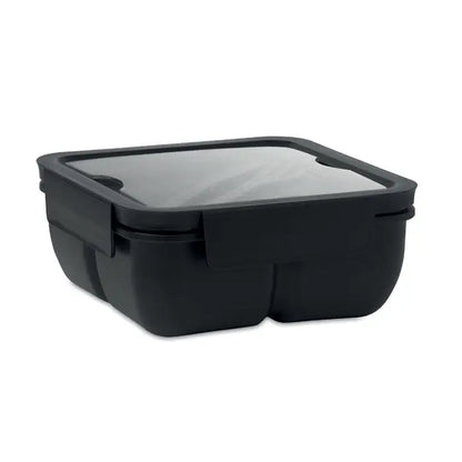 Cutie de pranz rectangulara neagra cu capac transparent si inchidere snap-lock pentru 600ml cu tacamuri