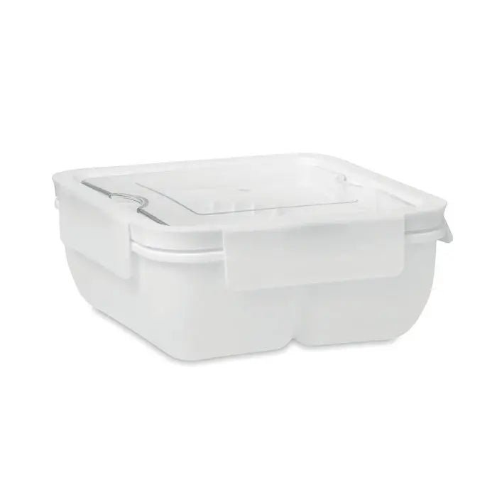Cutie de pranz transparenta din plastic cu capac si maner integrat cu tacamuri 600ml pentru depozitare mancare