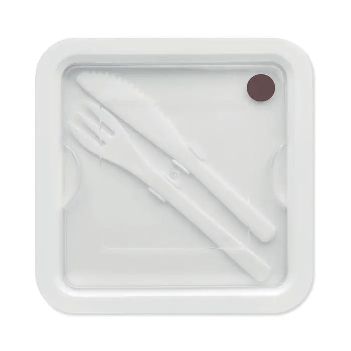Cutie de pranz cu tacamuri 600ml set de tacamuri albe din plastic de unica folosinta in ambalaj transparent patratoas