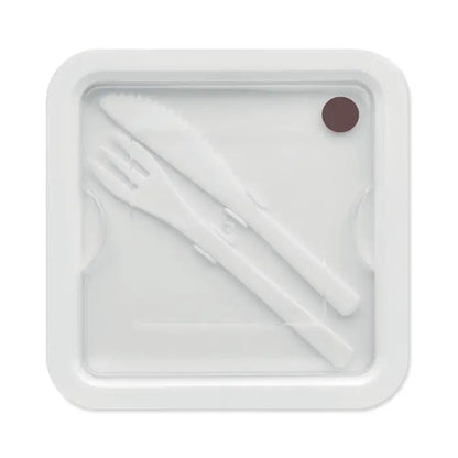 Cutie de pranz cu tacamuri 600ml set de tacamuri albe din plastic de unica folosinta in ambalaj transparent patratoas