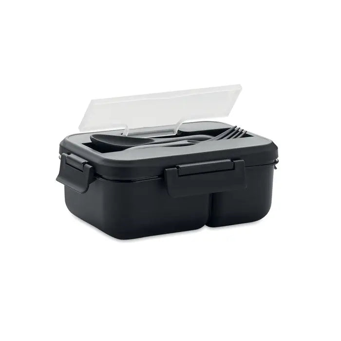 Cutie de pranz neagra din plastic pp cu capac transparent si tacamuri incorporate pentru masa la birou