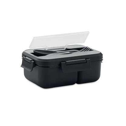 Cutie de pranz neagra din plastic pp cu capac transparent si tacamuri incorporate pentru masa la birou