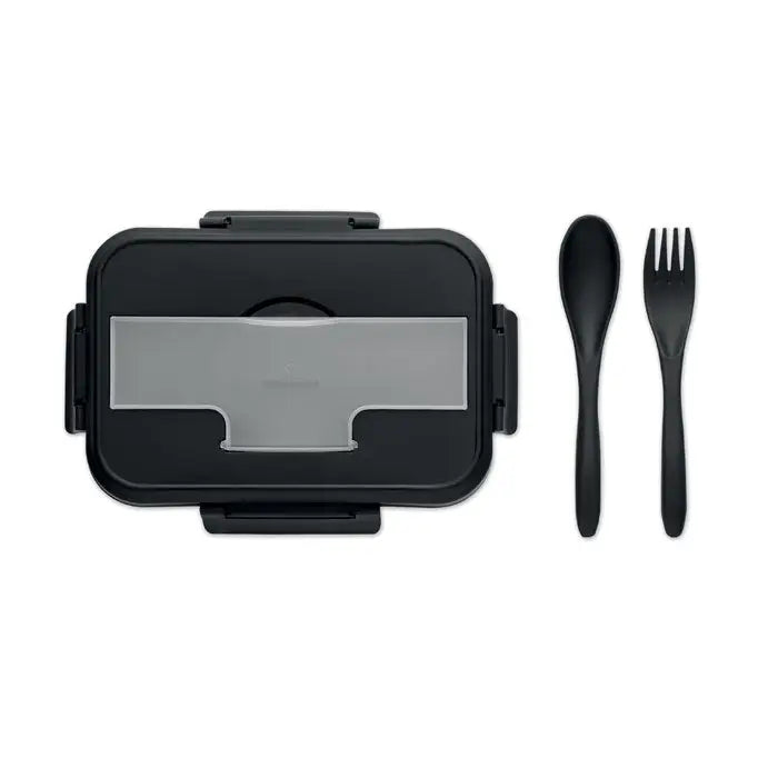 Cutie de pranz din plastic negru cu capac transparent si tacamuri negre din pp pentru servire convenabila