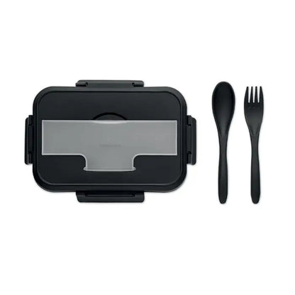 Cutie de pranz din plastic negru cu capac transparent si tacamuri negre din pp pentru servire convenabila