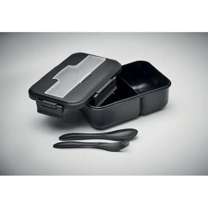 Cutie de pranz din plastic negru cu capac transparent si tacamuri negre din pp pentru mancarea la pachet