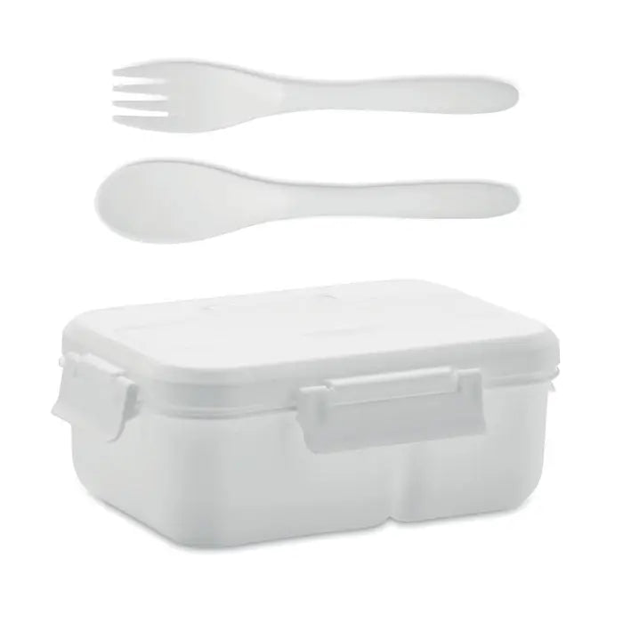 Cutie de pranz alba din plastic cu set tacamuri asortate din pp pentru mese practice si usoare