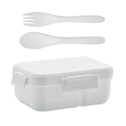 Cutie de pranz alba din plastic cu set tacamuri asortate din pp pentru mese practice si usoare