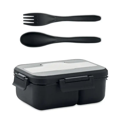 Cutie de prânz din plastic negru cu două compartimente și tacâmuri negre din pp pentru mâncare