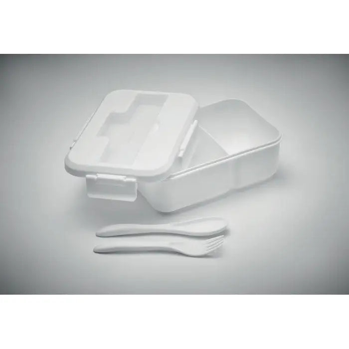 Cutie de pranz alba din plastic pp cu capac articulat si doua tacamuri asortate