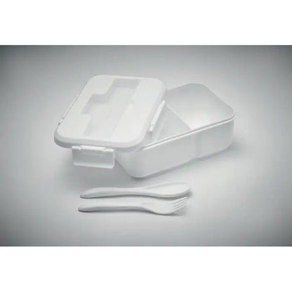 Cutie de pranz alba din plastic pp cu capac articulat si doua tacamuri asortate