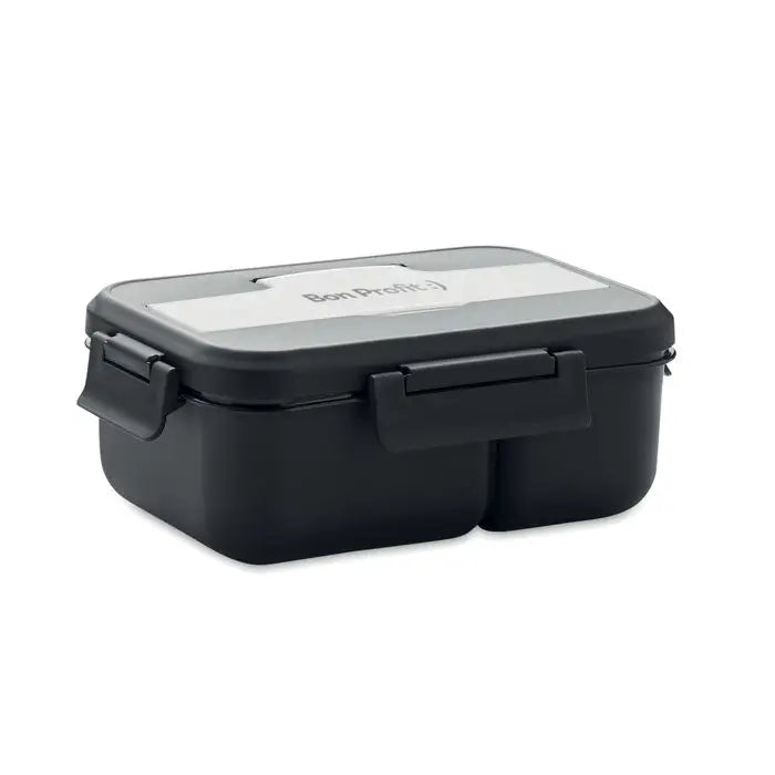 Cutie de pranz neagra din plastic pp cu capac argintiu si doua compartimente laterale cu tacamuri