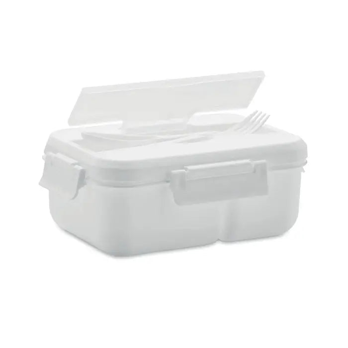 Cutie de pranz alba din plastic pp cu tacamuri, capac rabatabil si manere integrate pentru pranz compact