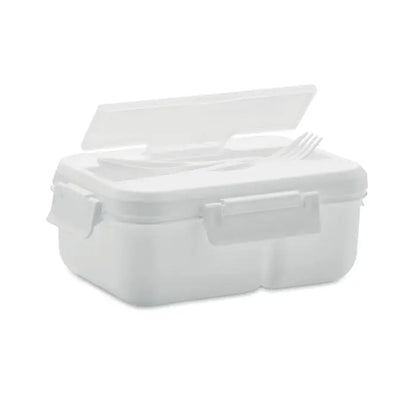 Cutie de pranz alba din plastic pp cu tacamuri, capac rabatabil si manere integrate pentru pranz compact