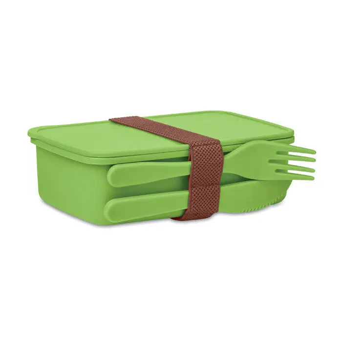 Cutie de pranz verde deschis din plastic cu toc maro din plasă și furculiță asortată pentru servit mese