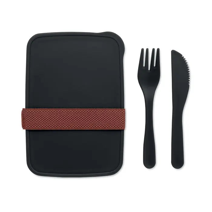 Cutie de pranz cu tacamuri din silicon negru cu curea maro impletita si set tacamuri negru asortat
