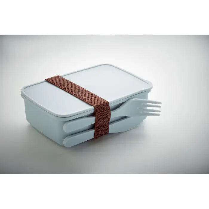 Cutie de pranz dreptunghiulara bleu deschis cu tacamuri din plastic alb si curea maro impletita pentru fixare