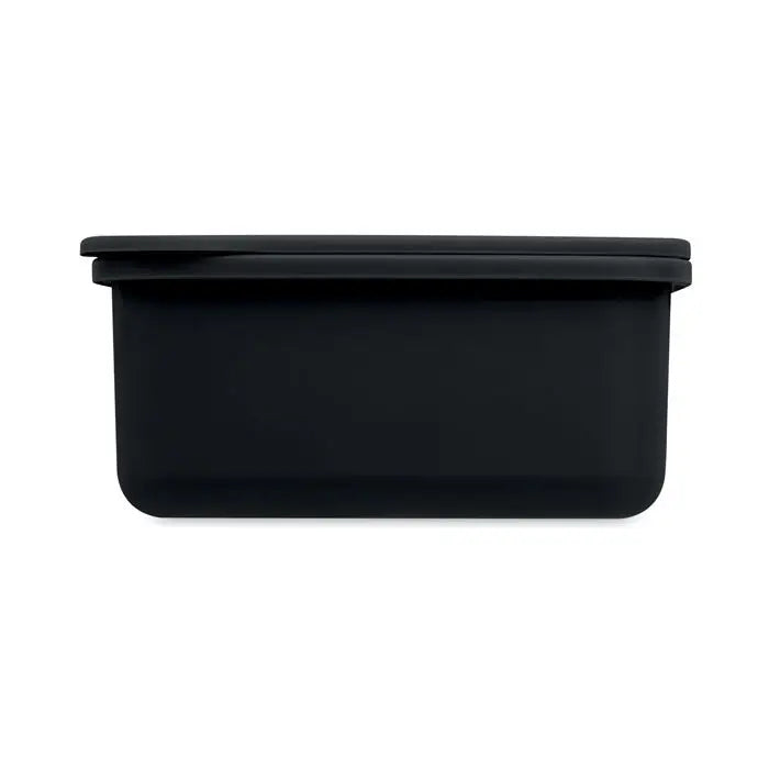 Cutie de pranz cu tacamuri din plastic neted negru, recipient dreptunghiular cu capac potrivit pentru depozitare alimente