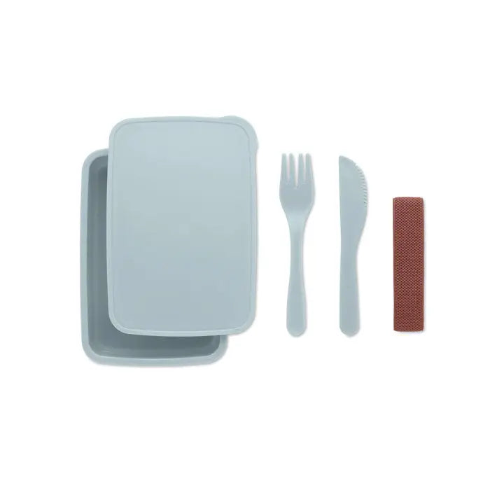 Cutie de pranz albastru deschis din material plastic cu capac si tacamuri incluse pentru masa zilnica