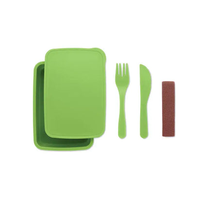 Cutie de pranz verde din silicon cu tacamuri asortate si toc texturat maro pentru depozitare