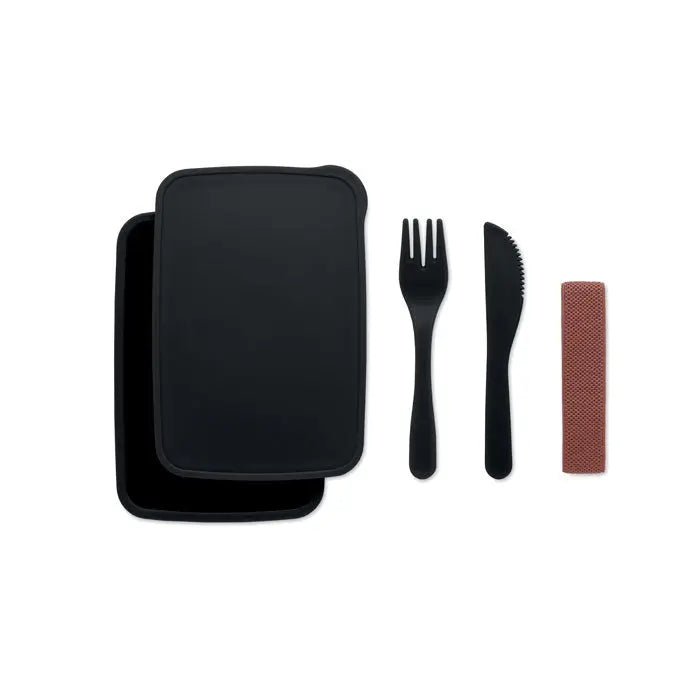 Cutie de pranz din silicon negru cu tacamuri asortate si husa texturata maro roscat pentru uz zilnic