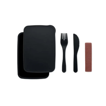 Cutie de pranz din silicon negru cu tacamuri asortate si husa texturata maro roscat pentru uz zilnic