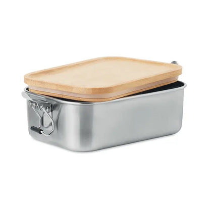 Cutie de pranz rectangulara din otel inoxidabil 750 ml cu capac cu aspect lemn si inchidere metalica