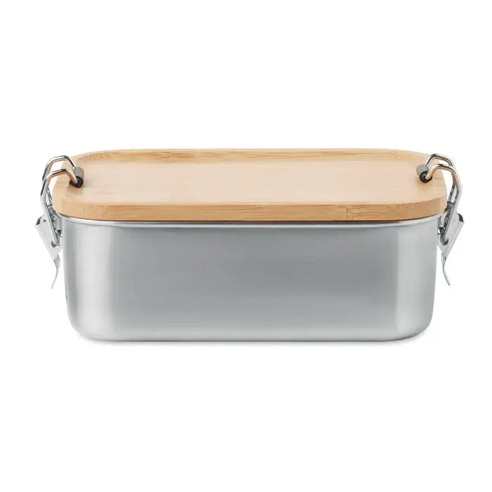 Cutie de pranz din otel inoxidabil 750 ml cu capac din bambus maro deschis si casete metalice argintii