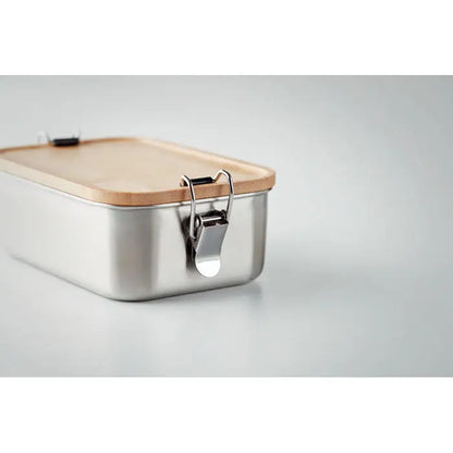 Cutie de pranz rectangulara din otel inoxidabil 750 ml cu capac din lemn deschis si clapeta metalica argintie