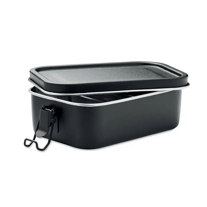 Cutie de pranz din otel inoxidabil 750ml neagra, dreptunghiulara, cu capac mat si margine argintie cu clips lateral