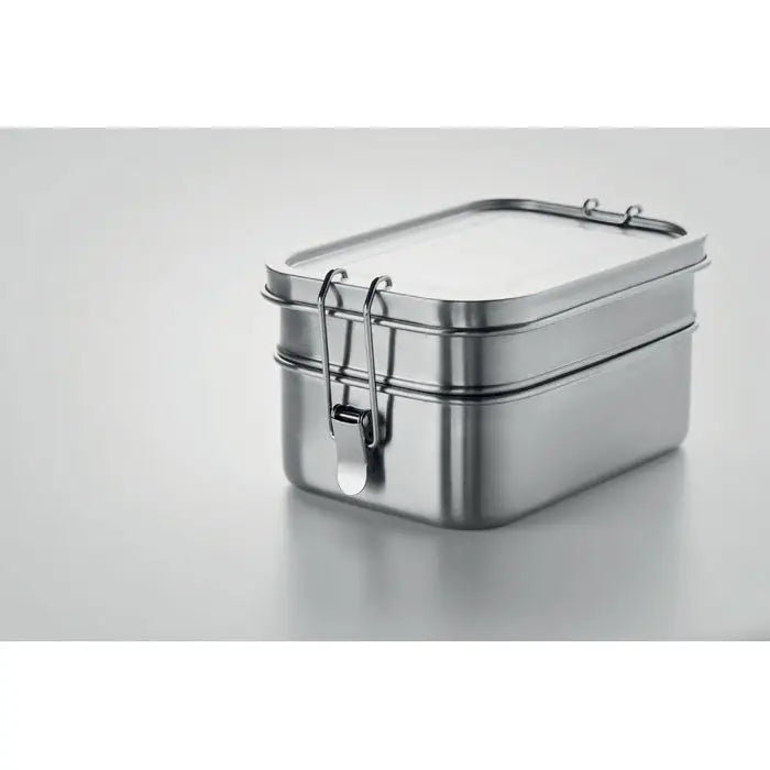 Cutie de pranz din otel inoxidabil doua nivele cu design dreptunghiular si inchidere metalica argintie