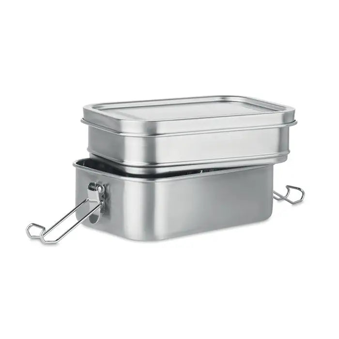 Cutie de pranz din otel inoxidabil cu doua niveluri, design dreptunghiular si manere metalice atasate