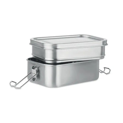 Cutie de pranz din otel inoxidabil cu doua niveluri, design dreptunghiular si manere metalice atasate