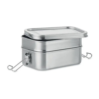 Cutie de pranz din otel inoxidabil cu doua nivele, design dreptunghiular si manere metalice rezistente