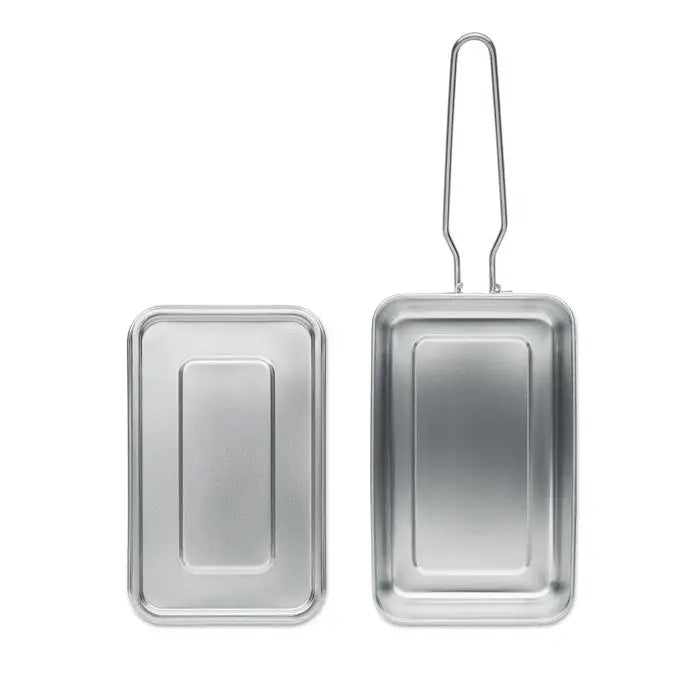 Cutie de pranz din otel inoxidabil cu tigaie dreptunghiulara argintie si capac cu maner in forma de bucla
