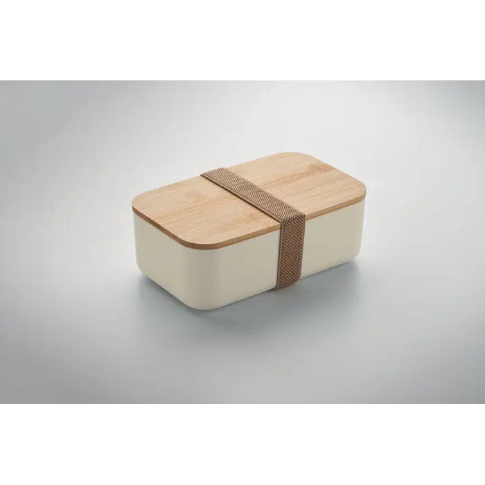 Cutie de pranz din porumb pla 1000ml crem cu capac din lemn natural si curea impletita pentru transport