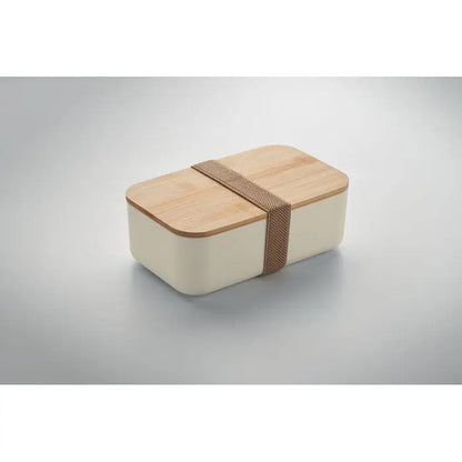 Cutie de pranz din porumb pla 1000ml crem cu capac din lemn natural si curea impletita pentru transport