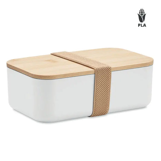 Cutie de pranz din porumb pla 1000ml alba dreptunghiulara cu capac din lemn si curea bej din plasa